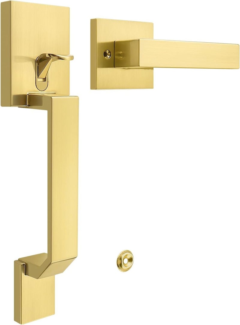 Tinewa Square Gold Front Door Handle with Classic Door Lever 1 Pack, Upgrated Exterior Door Entry Handle No Lock, Reversible for Left & Right Handed - Image 1